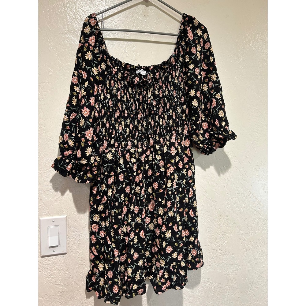 AUW‎ Black Floral Smocked Bodice Mini Dress Plus Size 2X